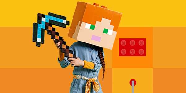 A child wearing a LEGO® minecraft helmet and holding a LEGO axe.